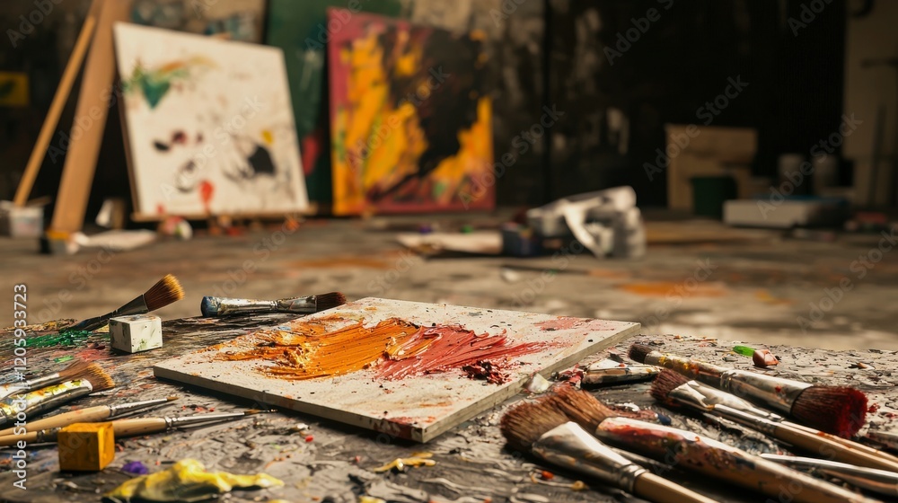 Creative Art Space with Paints, Brushes, and Abstract Canvases in an Artist Studio Environment Creative Art Space with Paints, Brushes, and Abstract Canvases in an Artist Studio Environment