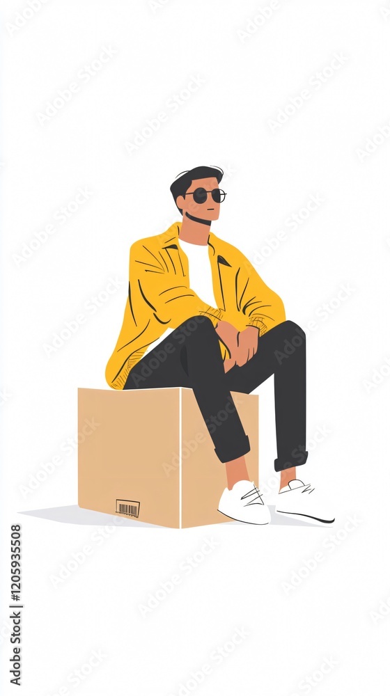 Stylish Man in Yellow Jacket Sitting on Cardboard Box - Minimalist Lifestyle Illustration Stylish Man in Yellow Jacket Sitting on Cardboard Box - Minimalist Lifestyle Illustration