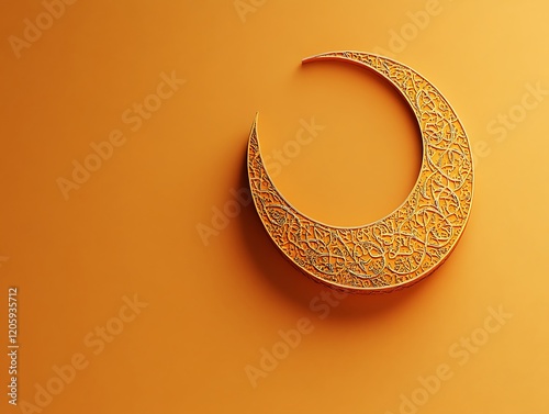 Ornate Golden Crescent Moon on Orange Background photo