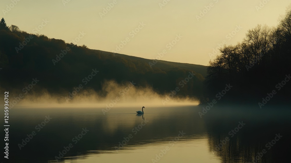 Solitary Swan on Misty Lake at Dawn Solitary Swan on Misty Lake at Dawn