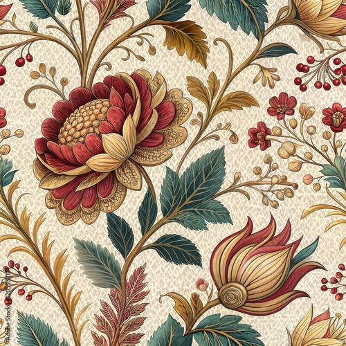 Elegant Vintage Floral Seamless Pattern Red and Gold Detailed Botanical Design for Textile and