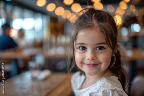 The young girl gentle smile, large eyes, and rosy cheeks add warmth and charm to the bokey and blur cozy cafe portrait background.