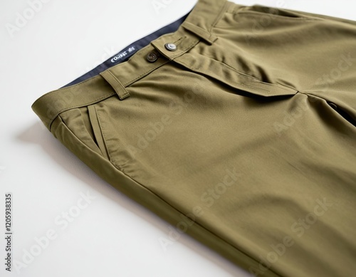 Detail view of stylish green trousers showcasing fabric texture and tailored design.