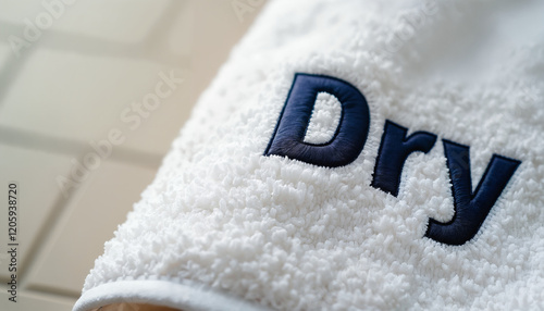 Realistic photo of a towel with Dry embroidered near the edge
