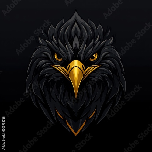 Majestic black eagle head, dark background, intense gaze, graphic design, logo potential photo