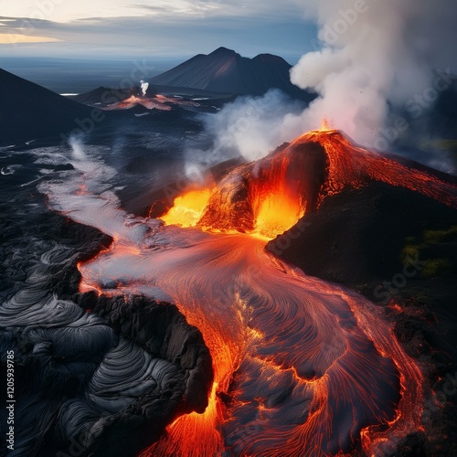 volcano lava flow, AI generateda photo