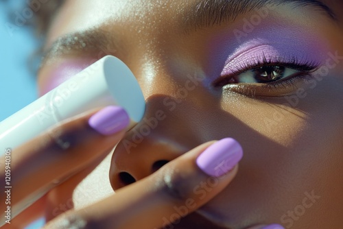 Close-up of woman applying lilac makeup.