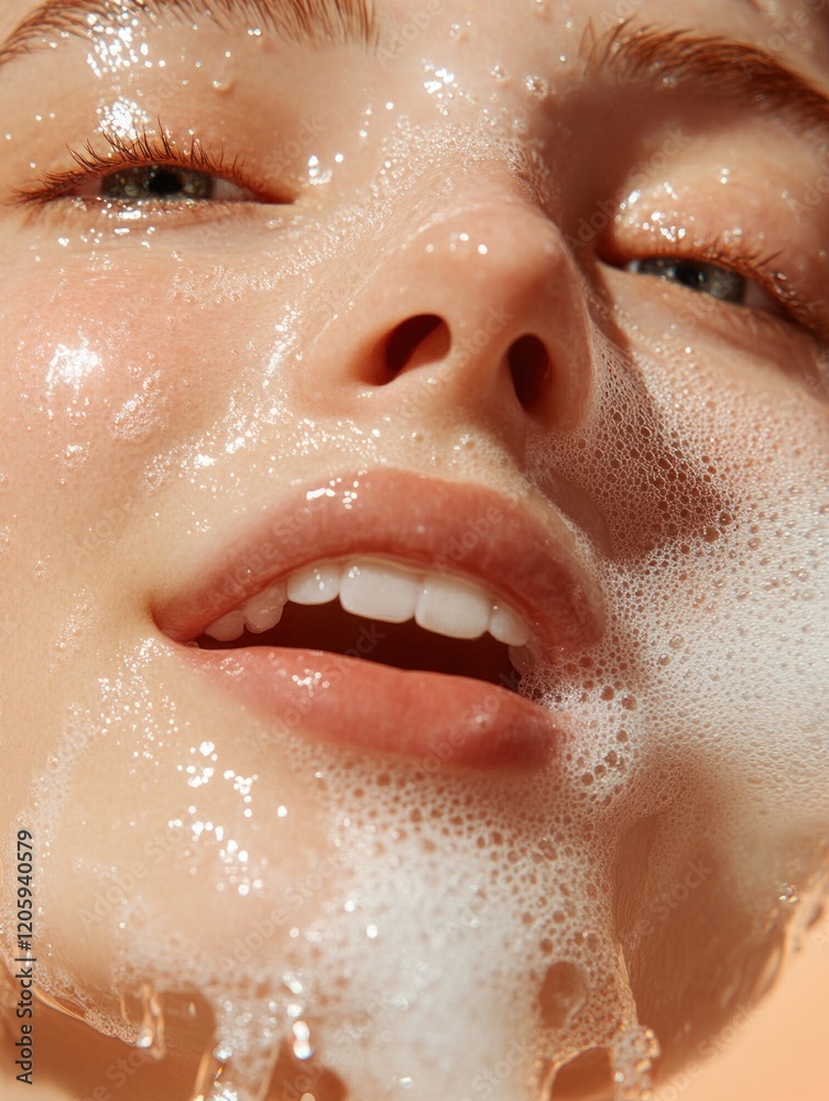 Fototapeta premium Close-up of woman's face covered in cleansing foam.