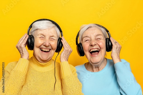 Joyful elderly women enjoying music together with headphones on a vibrant yellow background