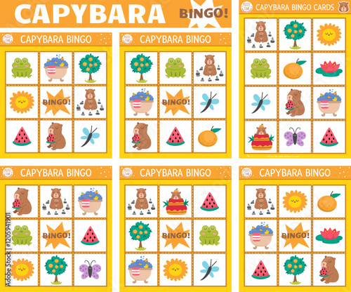 Vector capybara bingo cards set. Fun family lotto board game with cute animals for kids. Capibara lottery activity. Simple educational printable worksheet with butterfly, frog, tangerine
