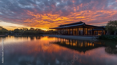 Wallpaper Mural Serene Pavilion Reflecting Sunset Hues Over Calm Water Torontodigital.ca