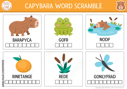 Vector capybara word scramble activity cards set. English language game with tangerine, dragonfly, frog, reeds, pond for kids. Transport family quiz with vehicles. Educational printable worksheet