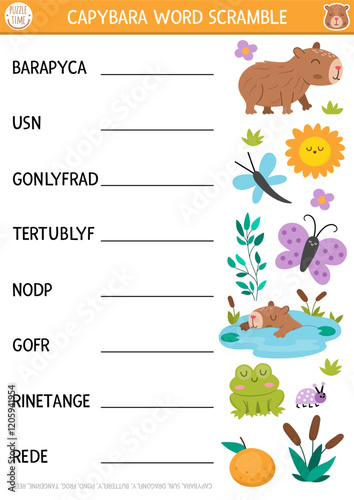 Vector capybara word scramble activity page. English language game with sun, dragonfly, butterfly, frog, reeds, pond for kids. Transport family quiz with vehicles. Educational printable worksheet
