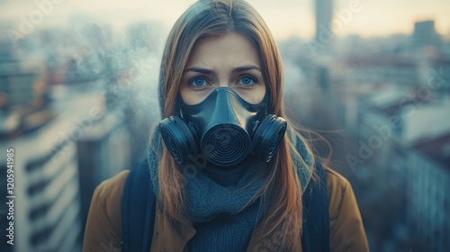 Person Wearing Gas Mask Addressing Air Pollution Issues photo