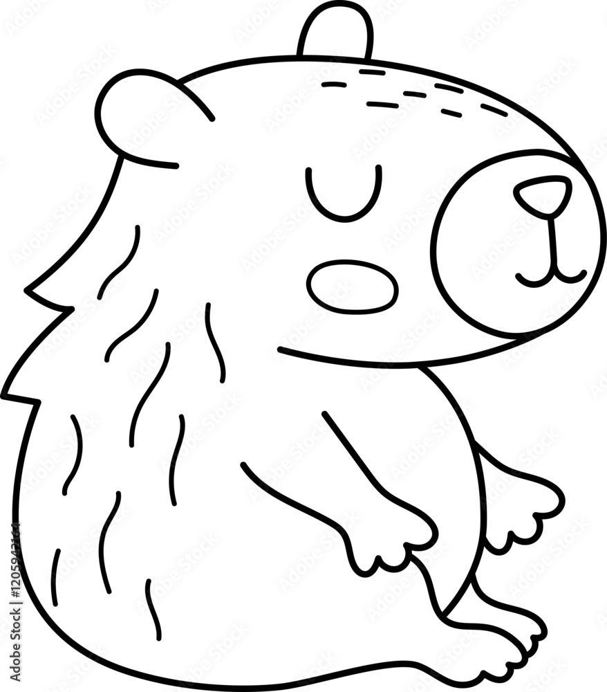 Obraz premium Vector black and white capybara icon. Cute line capibara sitting with closed eyes. Funny happy animal illustration isolated on white background. Comic trendy guinea pig clipart, coloring page
