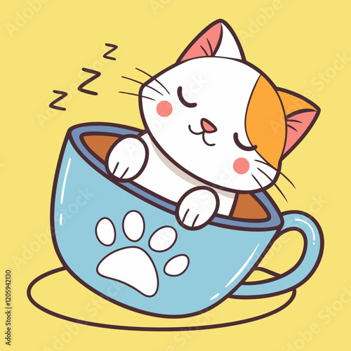 Cute cartoon cat sleeping in a blue coffee cup.
