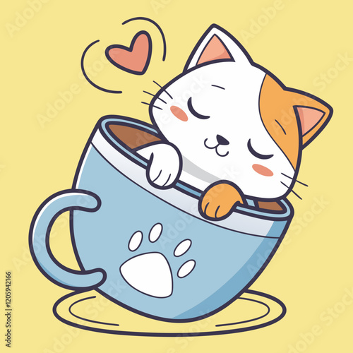Cute cartoon cat sleeping in a blue coffee cup.
