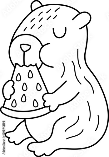 Vector black and white capybara icon. Cute line capibara sitting and eating watermelon with closed eyes. Funny animal illustration isolated on white background. guinea pig clipart, coloring page