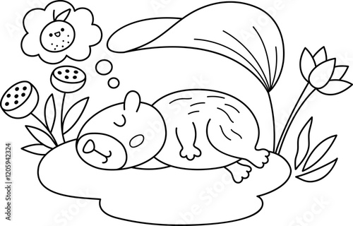 Vector black and white capybara icon. Cute line capibara sleeping on water lily leaf. Funny happy animal illustration isolated on white background. Comic trendy guinea pig clipart, coloring page