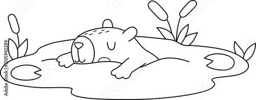 Vector black and white capybara icon. Cute line capibara swimming in pond with reeds. Funny animal illustration isolated on white background. Comic trendy guinea pig clipart, coloring page