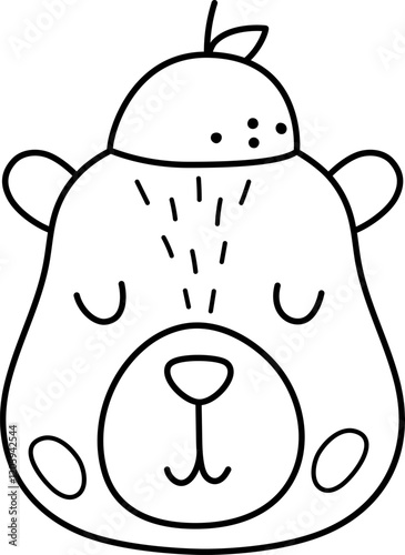 Vector black and white capybara head icon. Cute line capibara face with tangerine. Funny happy animal illustration isolated on white background. Comic trendy holiday guinea pig clipart, coloring page photo