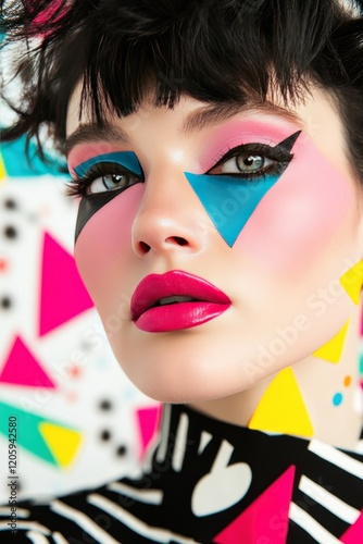 Close-up portrait of a woman with bold, geometric makeup and 80s style hair.