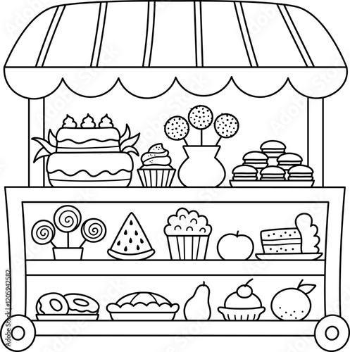 Vector black and white rolling snack cart with wheels. Candy shop line icon. Cartoon sweets stand illustration, coloring page. Pastry or bakery trolley clipart. Mobile vending stall, food trailer