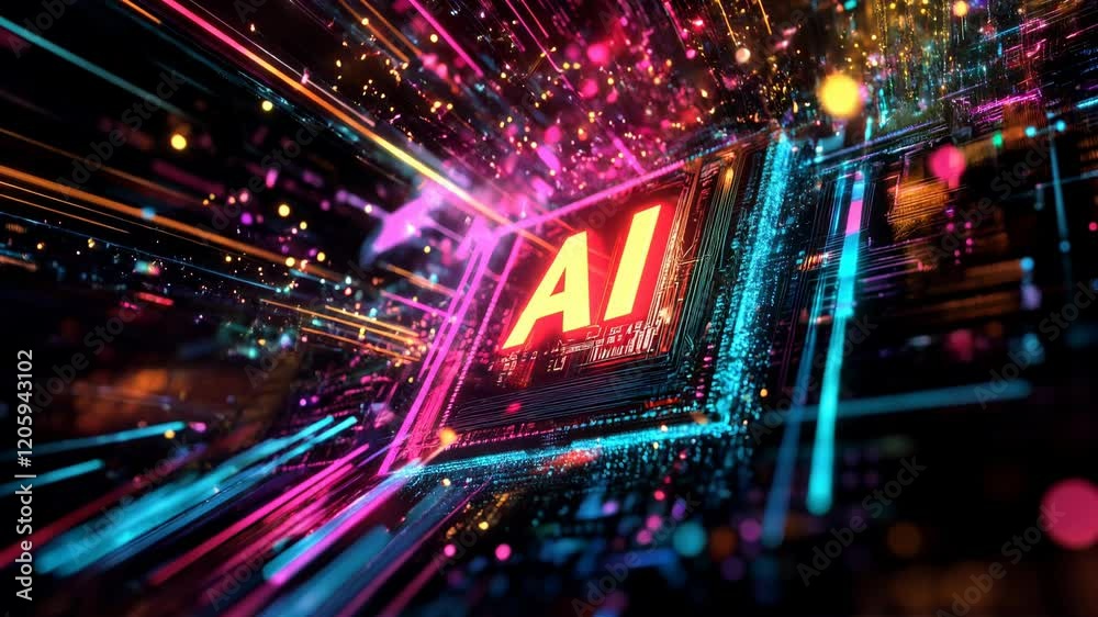 AI microchip with vibrant light beams. A great fit for tech banners, blogs, and innovation showcases. AI microchip with vibrant light beams. A great fit for tech banners, blogs, and innovation showcases.