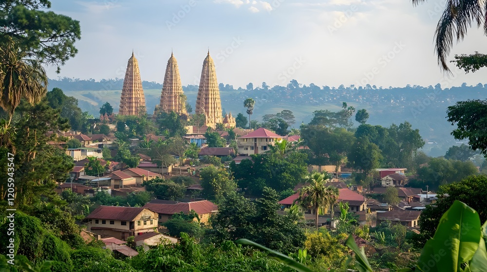 Obraz premium Three Golden Temples Overlooking Lush Green Village