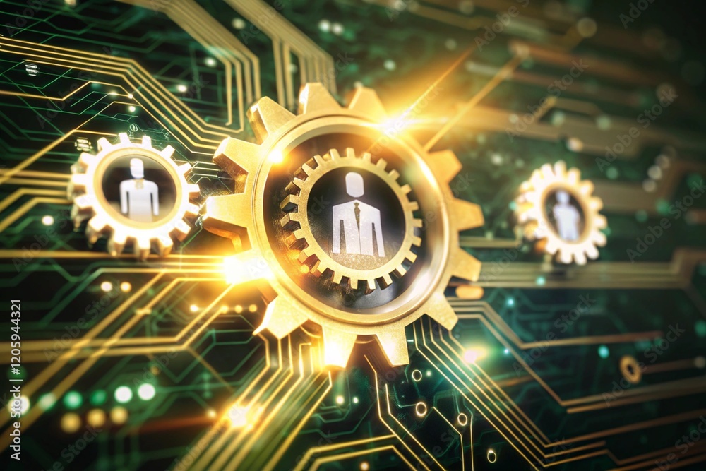 Fototapeta premium A glowing gear with people icons generative ai