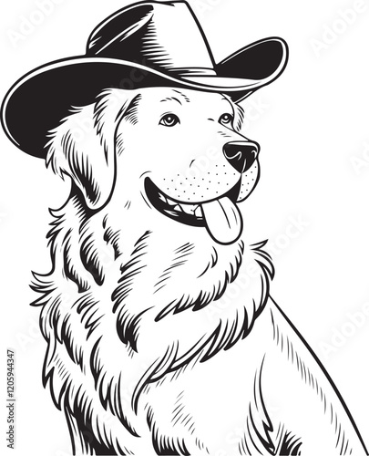 Golden Retriever in Cowboy Hat Line Art silhouette Illustration for Coloring | Line art drawing of a golden retriever dog wearing a cowboy hat, perfect for coloring books or creative projects.