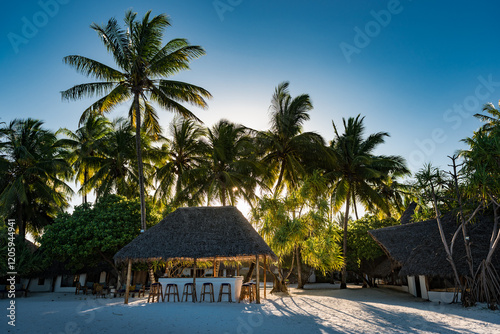 Plage avec bar d'une petit resort de Zanzibat, Tanzanie, avant que le soleil ne se couche derrière les palmiers photo