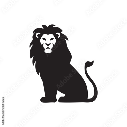 A flat silhouette of a lion sitting calmly with its tail curled around its body, looking forward regally, black silhouette on a white background.