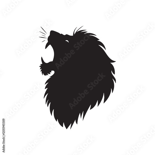 A flat silhouette of a lion roaring, with its mouth wide open and head tilted upward, black silhouette on a white background.