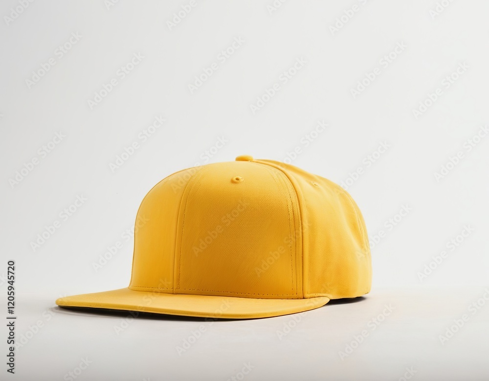 Fototapeta premium Bright yellow baseball cap on a clean white surface, showcasing its vibrant color and modern design.