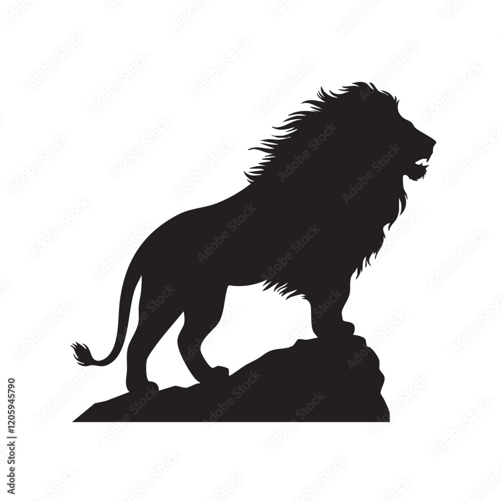 A flat silhouette of a lion standing on a rock, with its mane blowing in the wind and head held high, black silhouette on a white background. A flat silhouette of a lion standing on a rock, with its mane blowing in the wind and head held high, black silhouette on a white background.