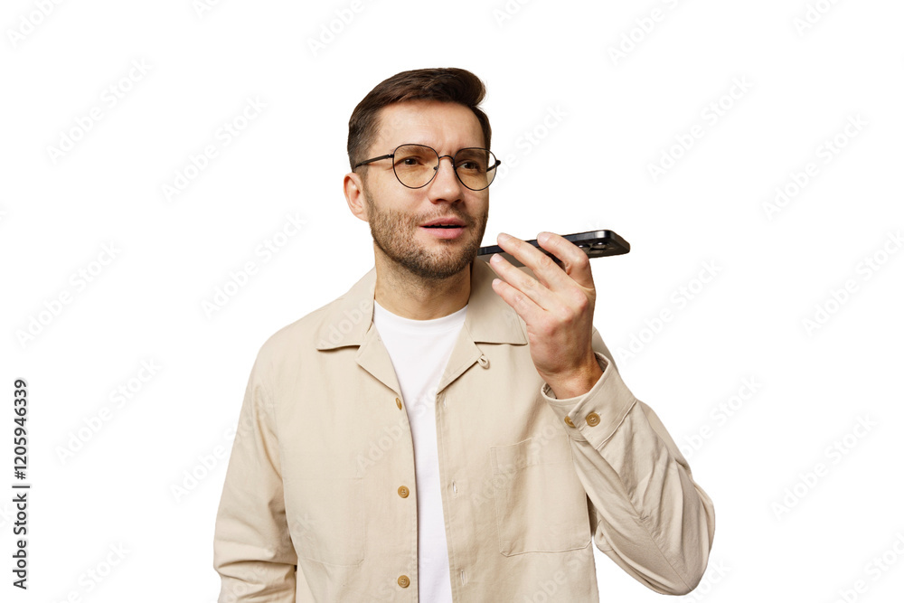 Naklejka premium Man communicates using a voice recorder while standing in a bright setting, focused and attentive