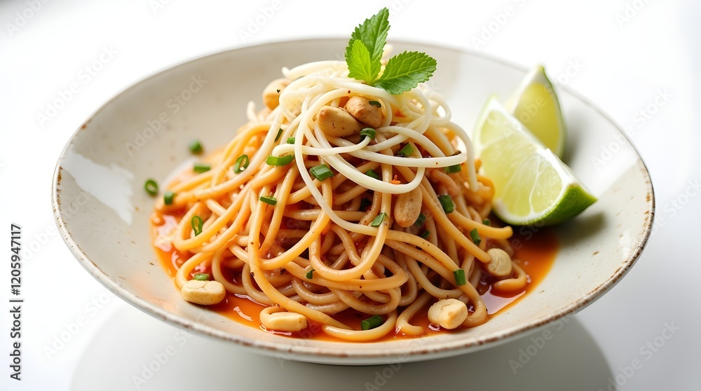 Overhead studio shot of vibrant pad Thai on a cream ceramic plate. Warm lighting highlights textures and colors against a crisp white background Overhead studio shot of vibrant pad Thai on a cream ceramic plate. Warm lighting highlights textures and colors against a crisp white background