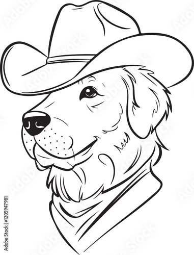 Golden Retriever in Cowboy Hat Line Art silhouette Illustration for Coloring | Line art drawing of a golden retriever dog wearing a cowboy hat, perfect for coloring books or creative projects.