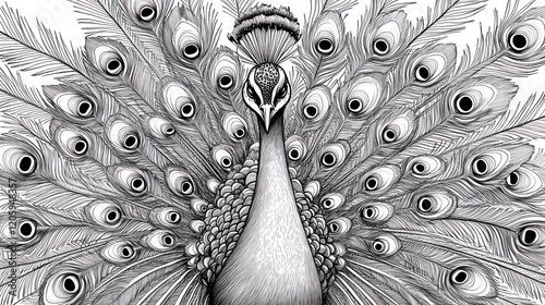 Elegant black and white line art of a peacock with detailed feather pattern displaying its plumage