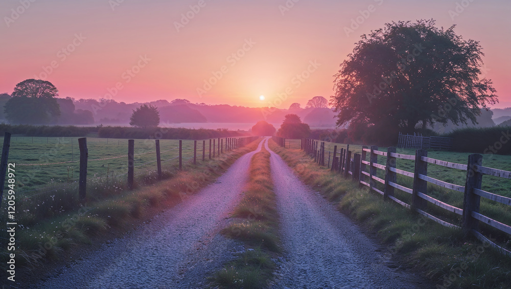 Fototapeta premium Gravel road leading into beautiful sunrise illuminating countryside landscape