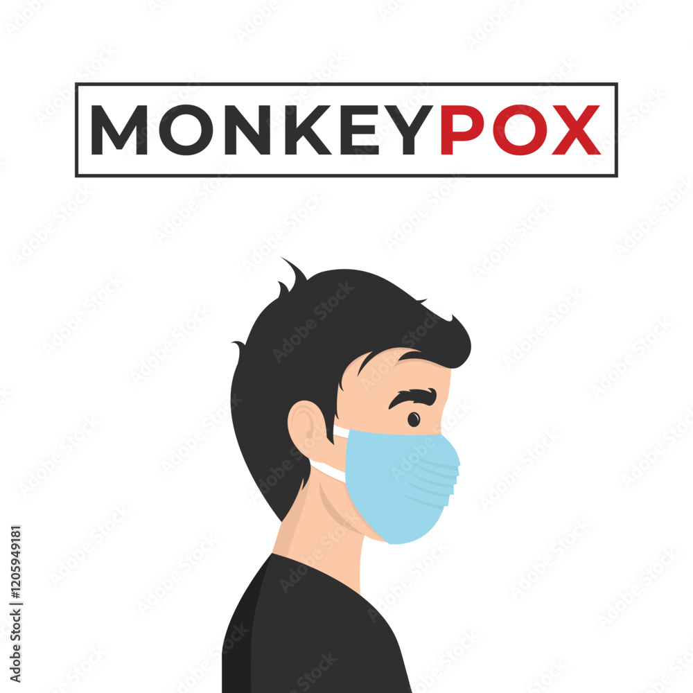 Monkeypox outbreak concept banner. Infected man from monkey flat illustration. Monkeypox on human skin. man wearing health mask Monkeypox outbreak concept banner. Infected man from monkey flat illustration. Monkeypox on human skin. man wearing health mask