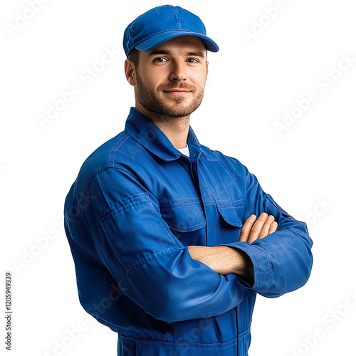 smiling young skillful worker labor technician man in blue work clothes with cap isolated on transparent background