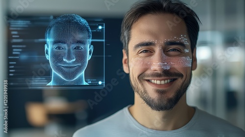 Man with facial recognition overlay and digital profile in a high-tech workplace environment emphasizing advanced AI technology.