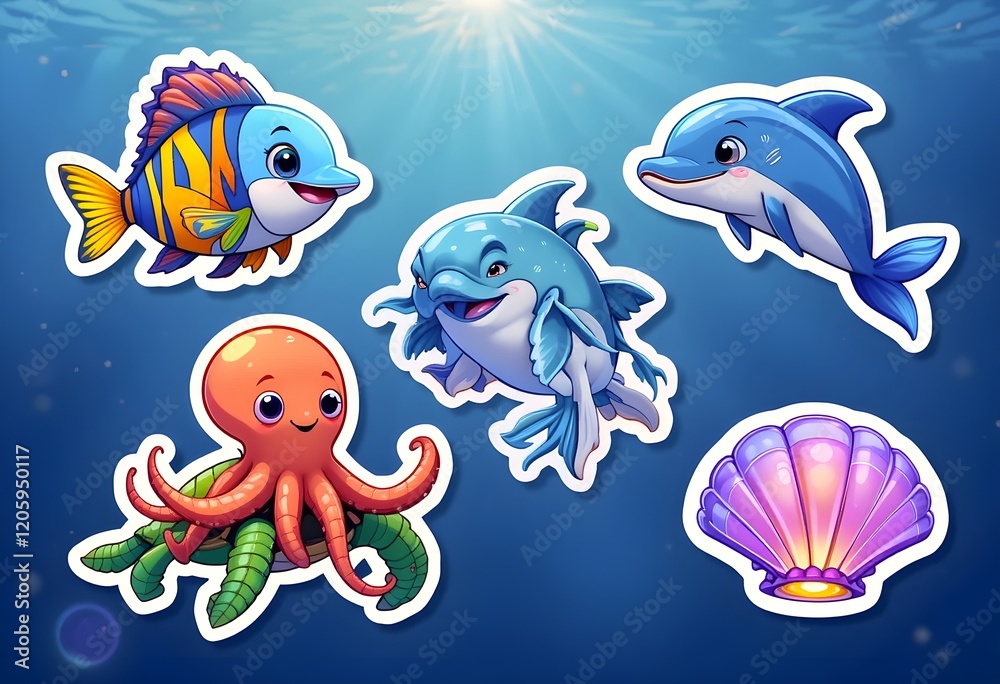 Fototapeta premium Underwater animal stickers: A glowing shark, a smiling starfish, a magical jellyfish, a vibrant clownfish and a cheerful dolphin - 02