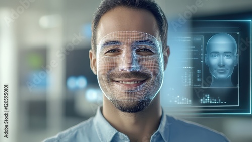 Happy professional with facial mapping overlay and digital interface for AI-powered recognition software.