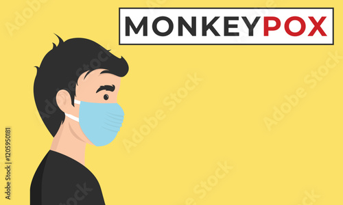 Monkeypox outbreak concept banner. Infected man from monkey flat illustration. Monkeypox on human skin. man wearing health mask