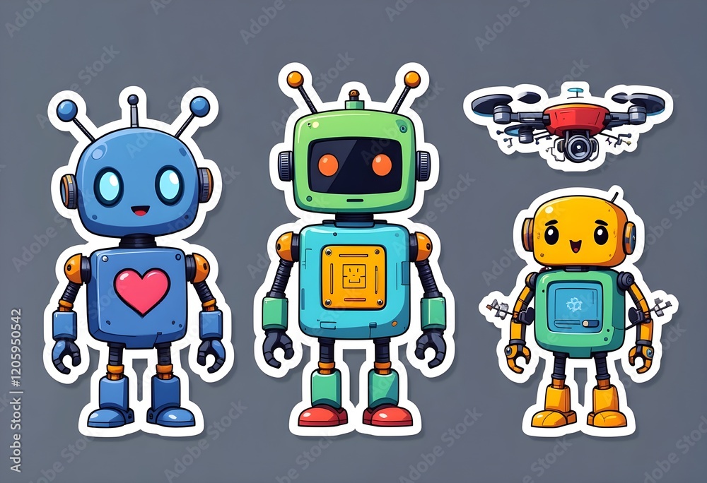 Robot Character Stickers: Smiling, futuristic robots with bright details and vibrant colors Robot Character Stickers: Smiling, futuristic robots with bright details and vibrant colors