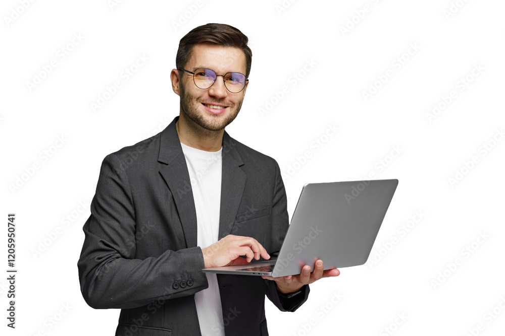 Young professional smiles while using laptop, showcasing modern technology in a minimalist setting Young professional smiles while using laptop, showcasing modern technology in a minimalist setting