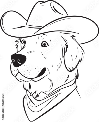 Golden Retriever in Cowboy Hat Line Art silhouette Illustration for Coloring | Line art drawing of a golden retriever dog wearing a cowboy hat, perfect for coloring books or creative projects.